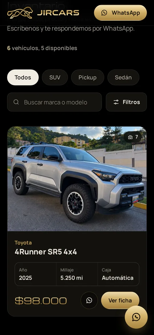 Lista de vehículos de Jircars con año, millaje y caja