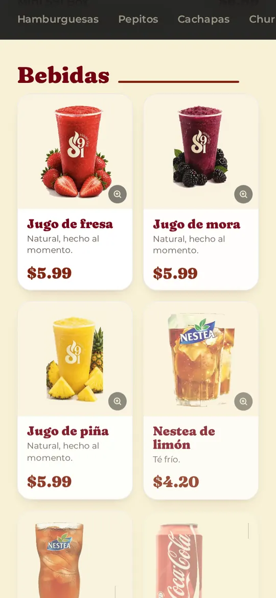 Bebidas con fotos reales en el menú de S91 House Grill