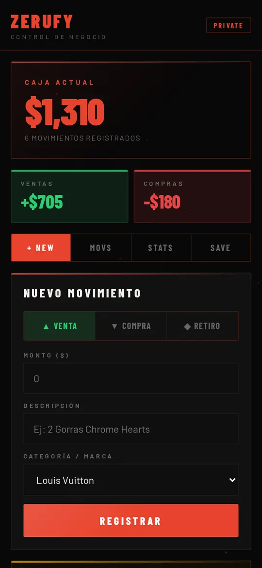 Control de caja de Zerufy con datos de ejemplo